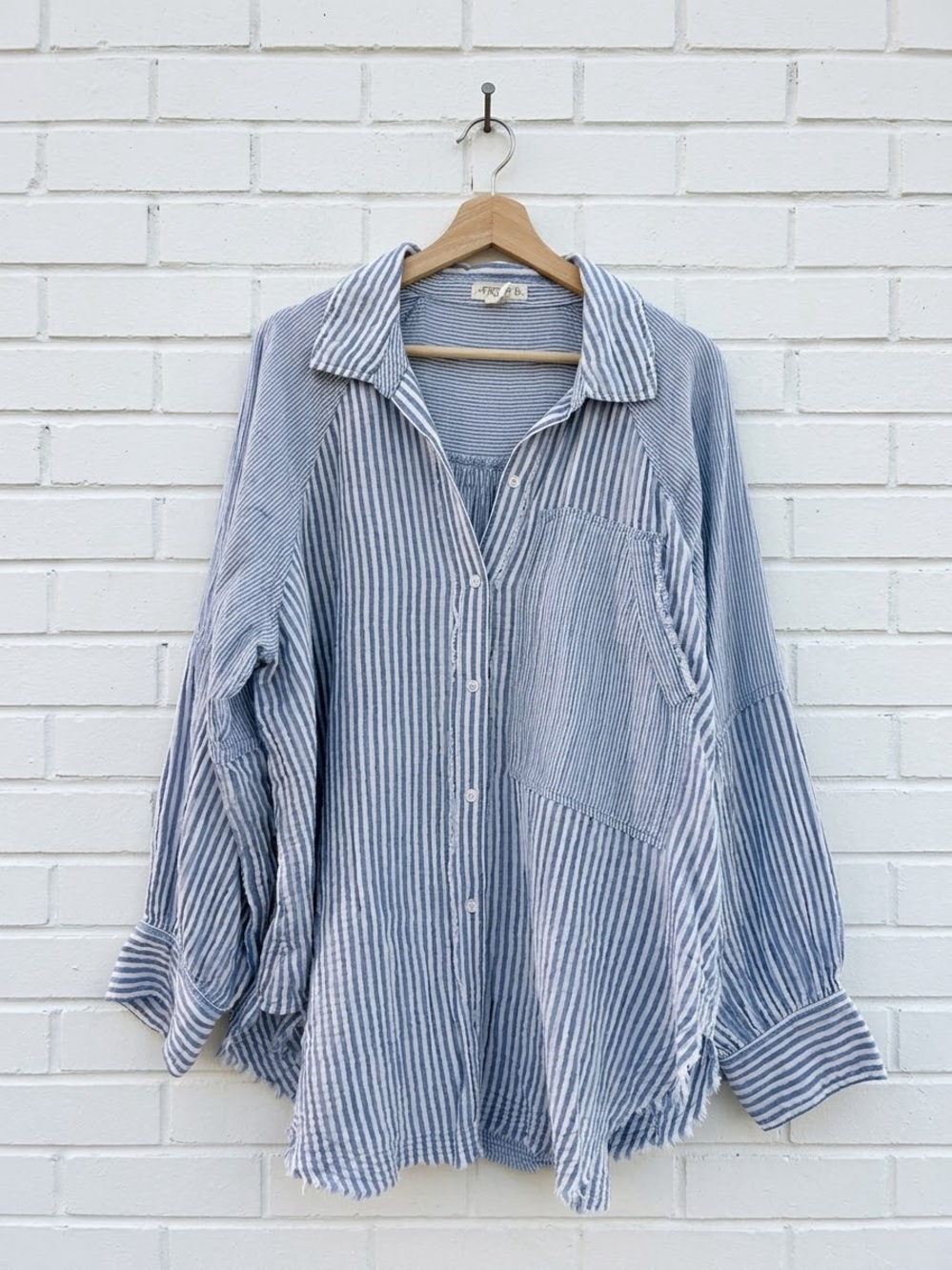 Torrid Size 0 Blue White Striped Cotton Double Gauze Raw Hem Button Down Shirt